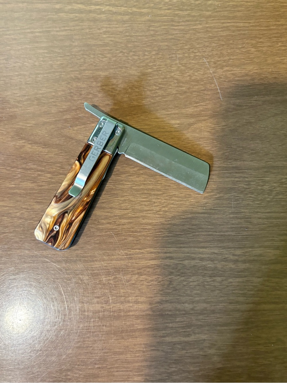 Gerber Folding Razor with Brown Swirl Handle and Matte Gray Blade